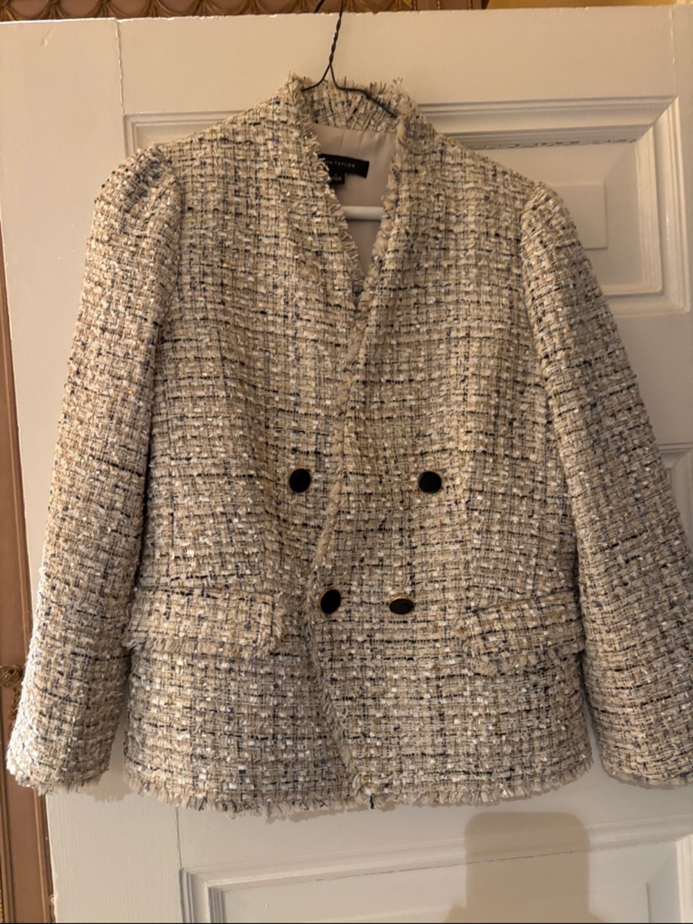 Ann Taylor Ivory and Navy Tweed Double-Breasted Blazer